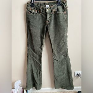 True religion green corduroy boot cut pants with orange stitching